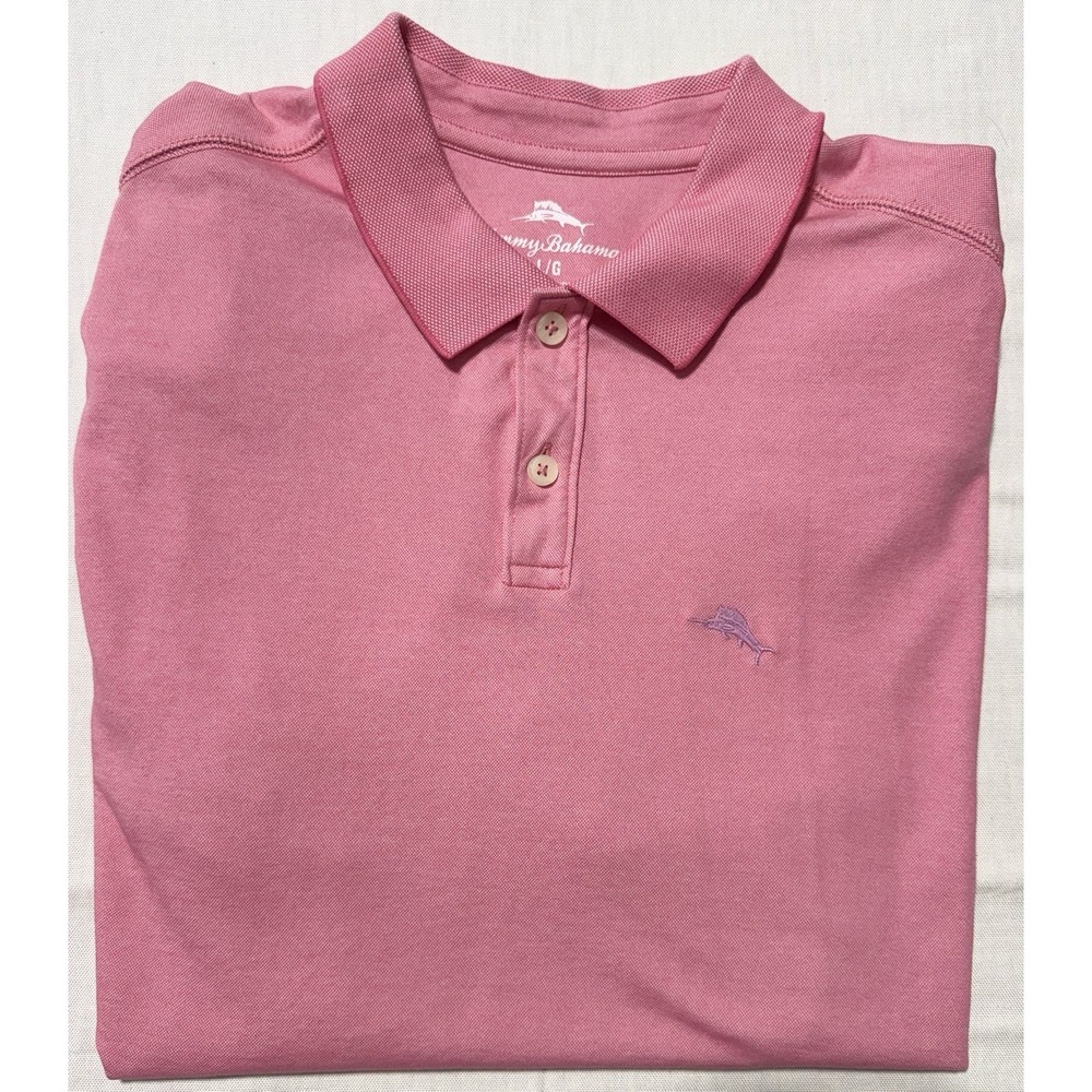 Tommy Bahama Polo Shirt Men Large L Pink Short Sleeve Embroidered Marlin Casual